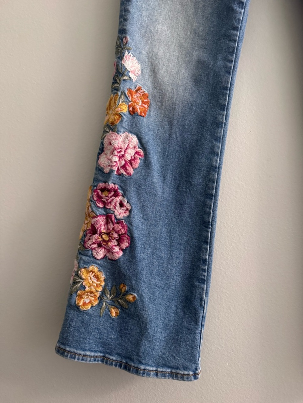 DRIFTWOOD Blue Boot Cut Jeans with Pink & Gold Floral Embroidery - Picture 7 of 13
